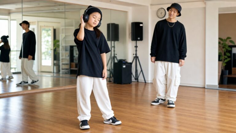 ヒップホップスタジオで力を抜いて音楽を聴く子どもダンサー