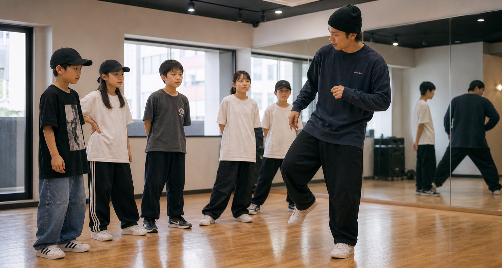 先生の話を聞きながらヒップホップの動きを確認する子どもたち
