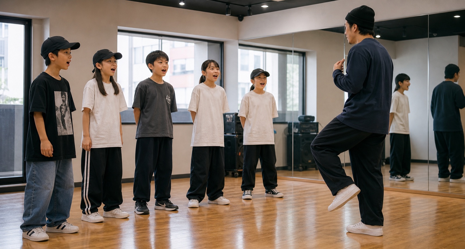 ヒップホップレッスンで先生の話に返事をする子どもたち