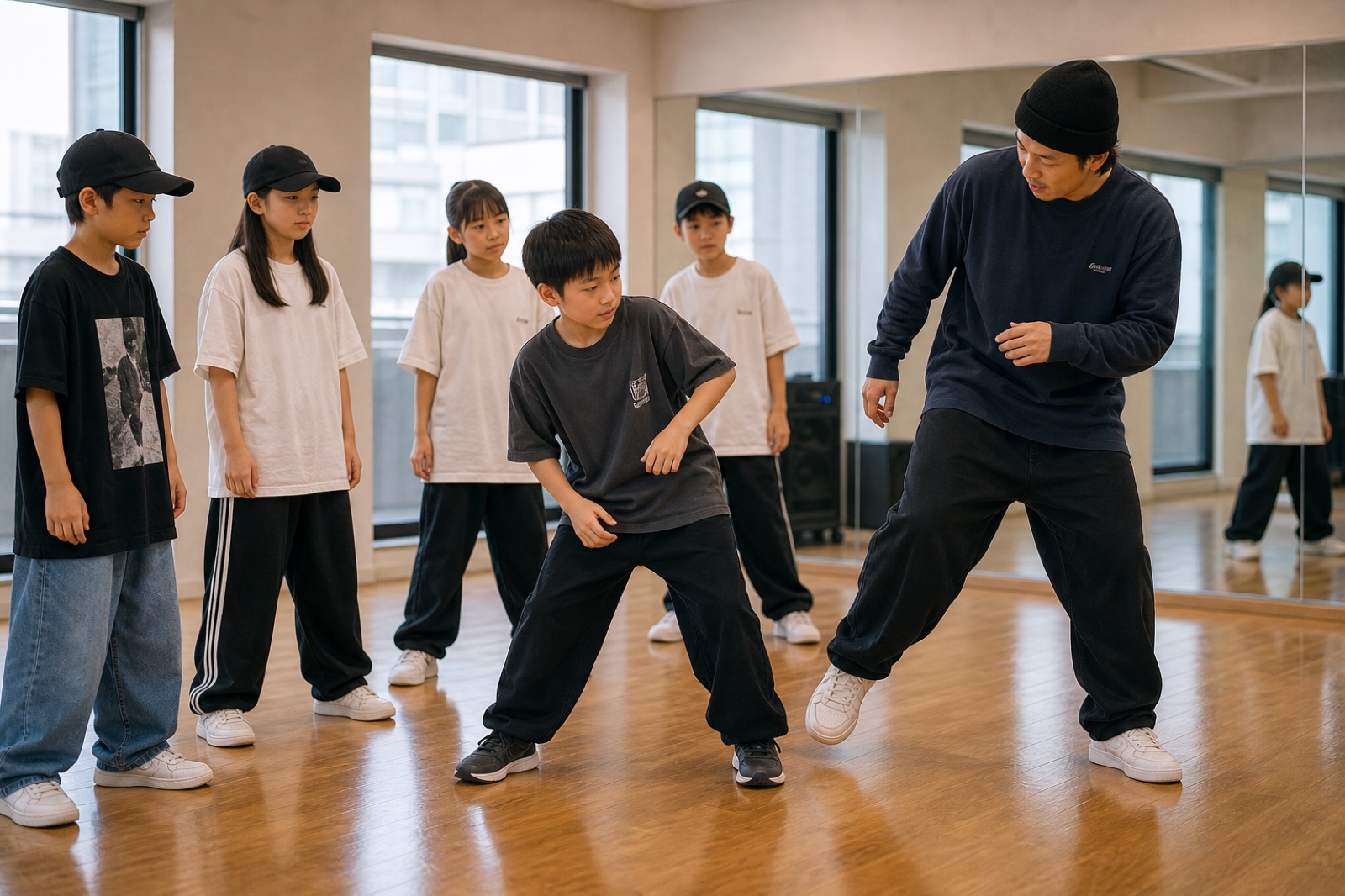 先生の言葉を聞いて姿勢を少し変える子どものストリートダンス練習