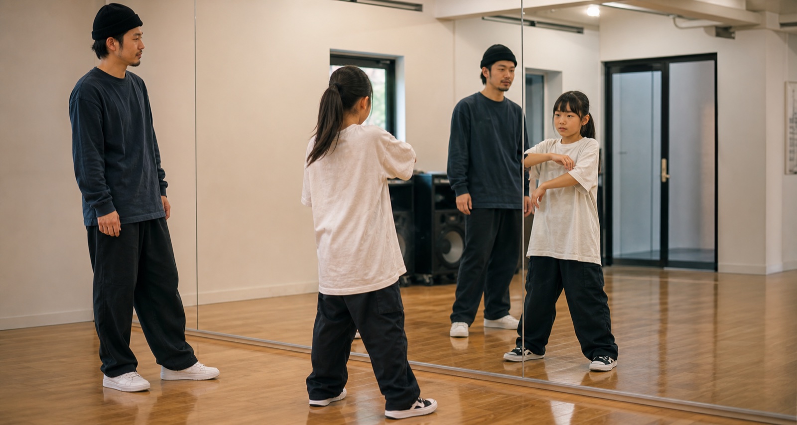 鏡の前で身体の癖を見ながらストリートダンスを練習する子ども