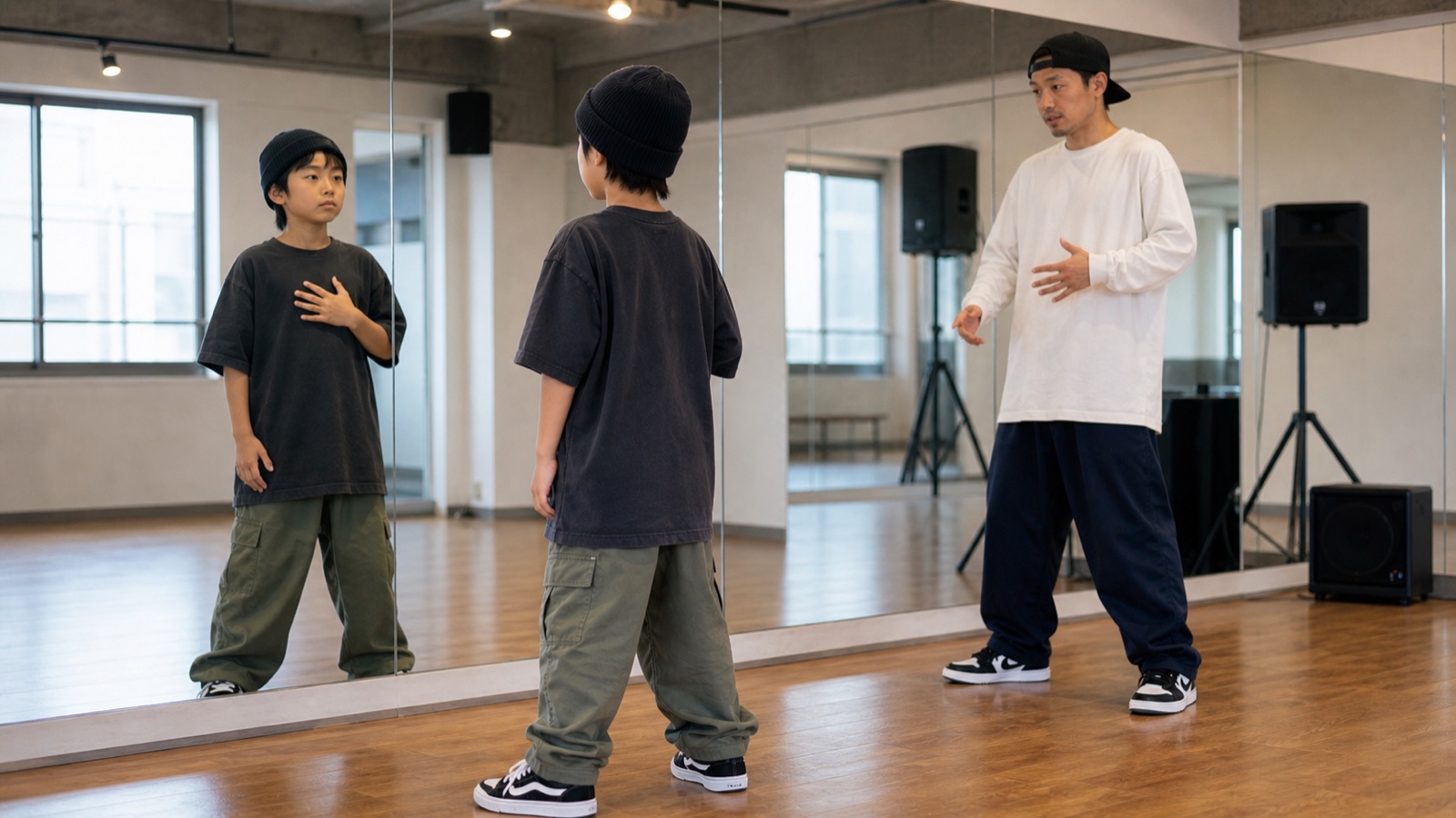 先生の声を聞きながら自分の身体へ戻る子どものストリートダンス練習
