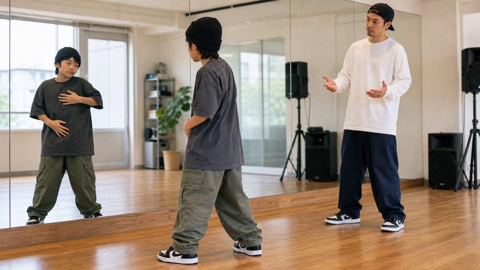 先生の言葉を受けて次の動きを変える子どものヒップホップ練習