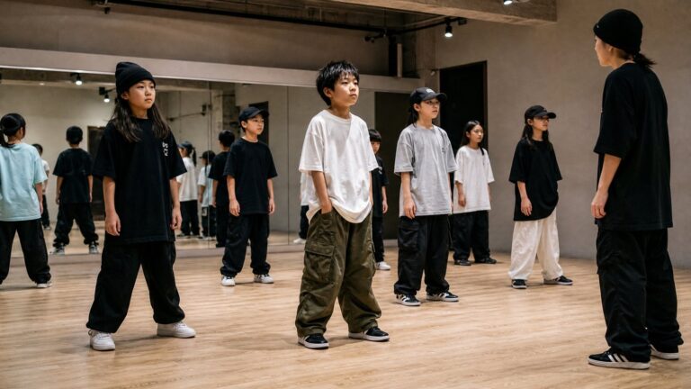 ヒップホップのダンススタジオで呼吸を整えて踊りに入る子どもたち
