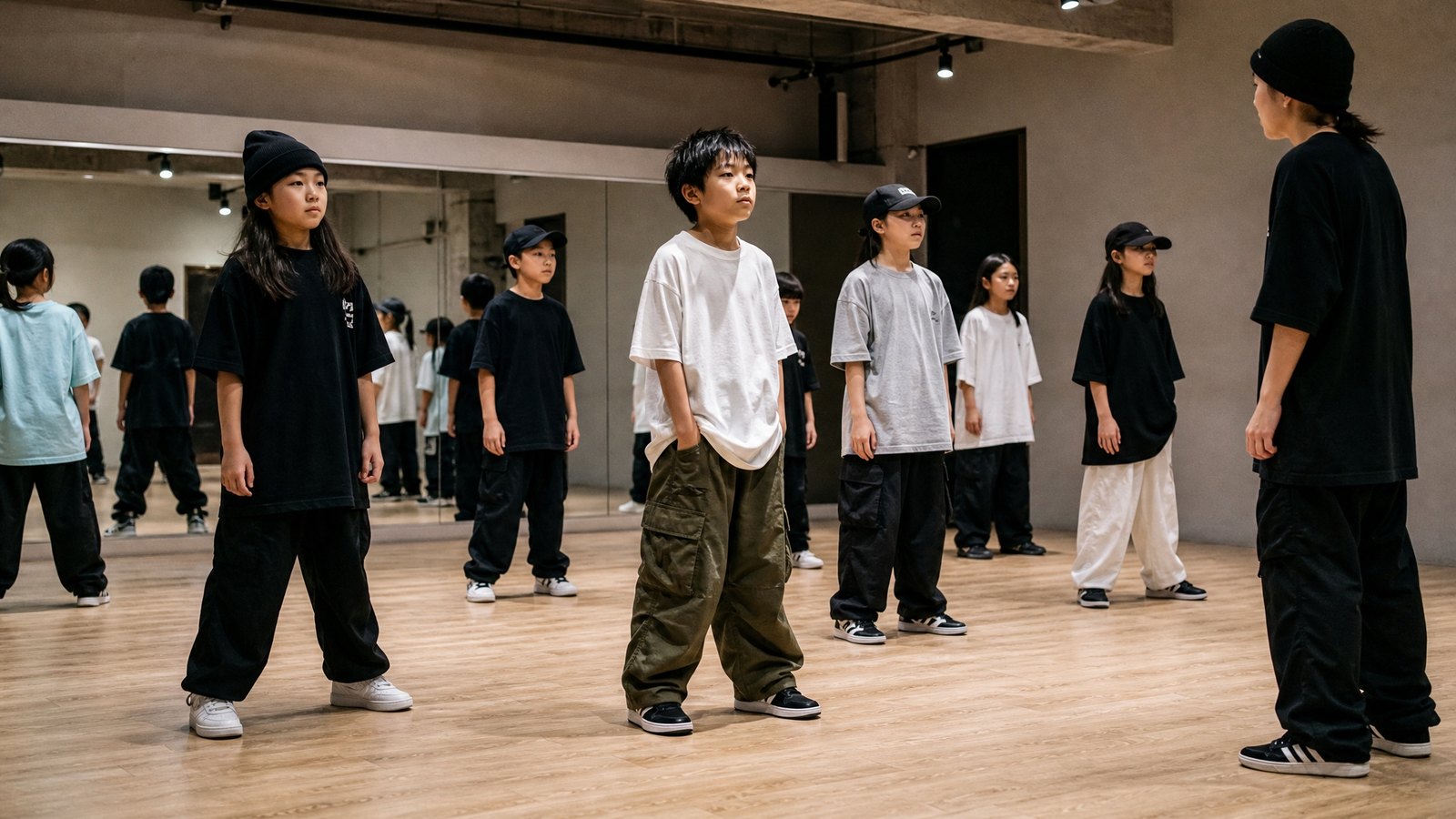 ヒップホップのダンススタジオで呼吸を整えて踊りに入る子どもたち