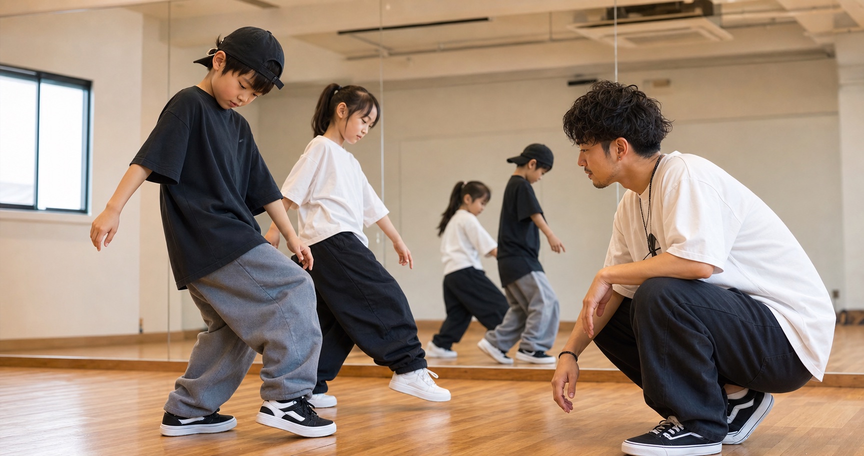 ヒップホップのダンススタジオで身体のバランスを確認しながら練習する子どもたち