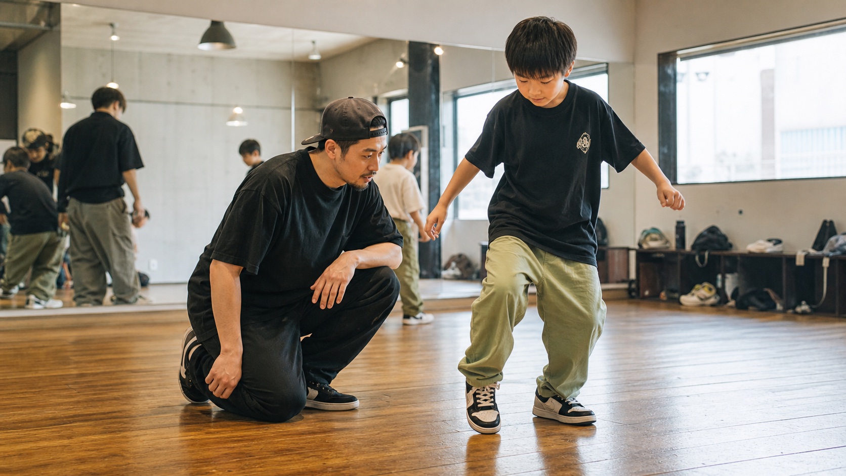 ヒップホップのダンススタジオで足裏と股関節のバランスを確認する子ども