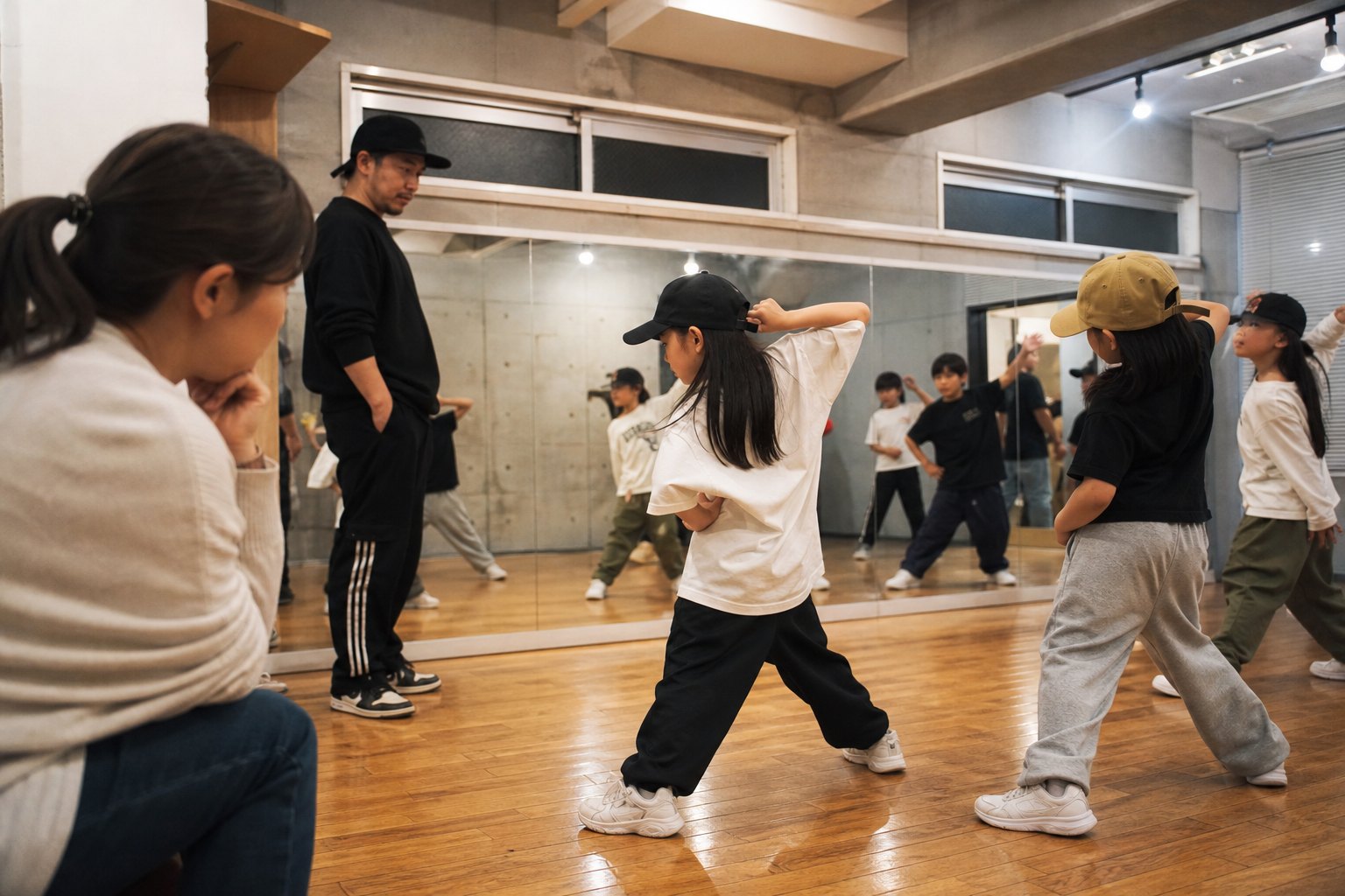 子どものダンスの見せ方の変化を見守る保護者と仲間