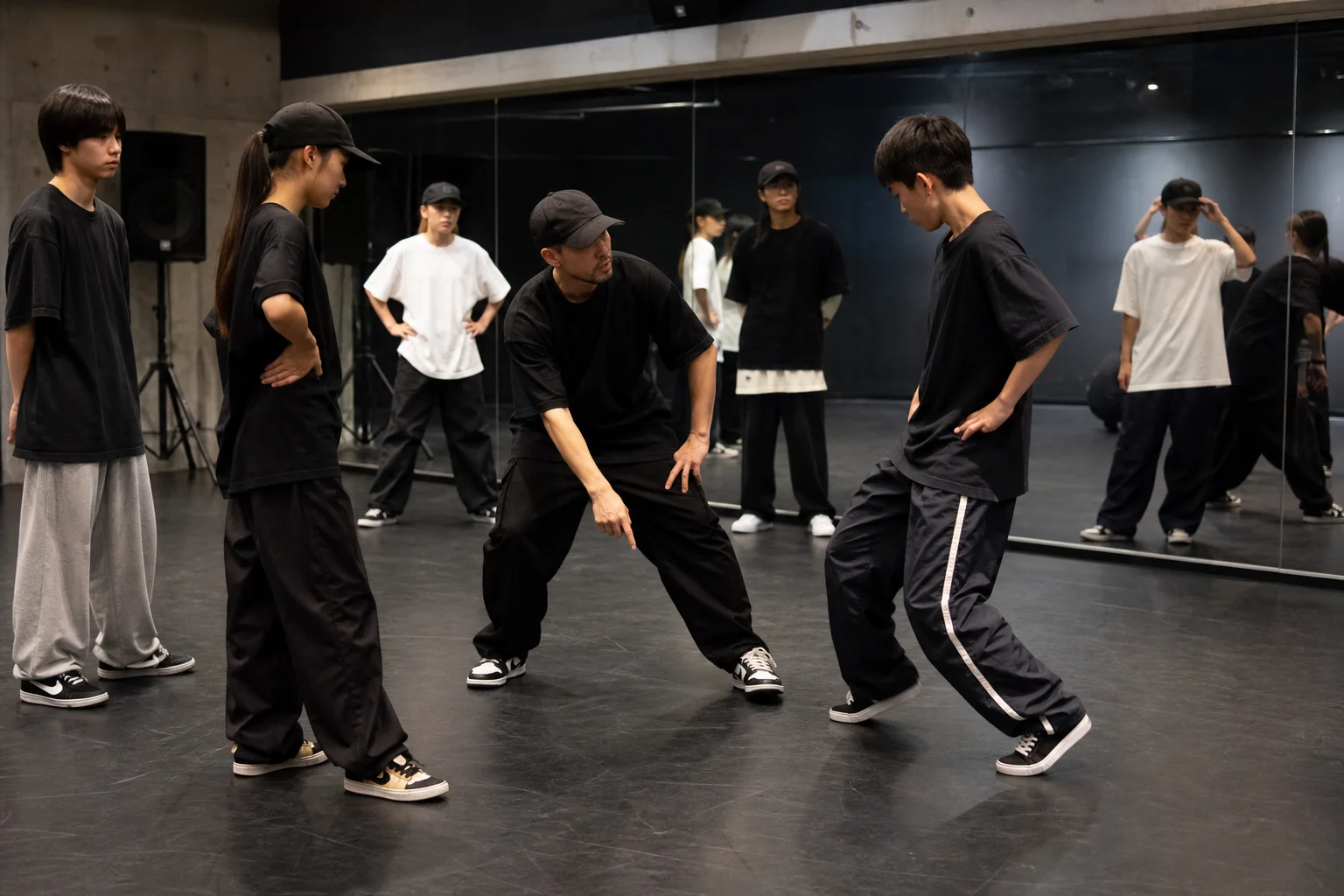 鏡のあるストリートダンススタジオで姿勢と足の位置を確認する指導