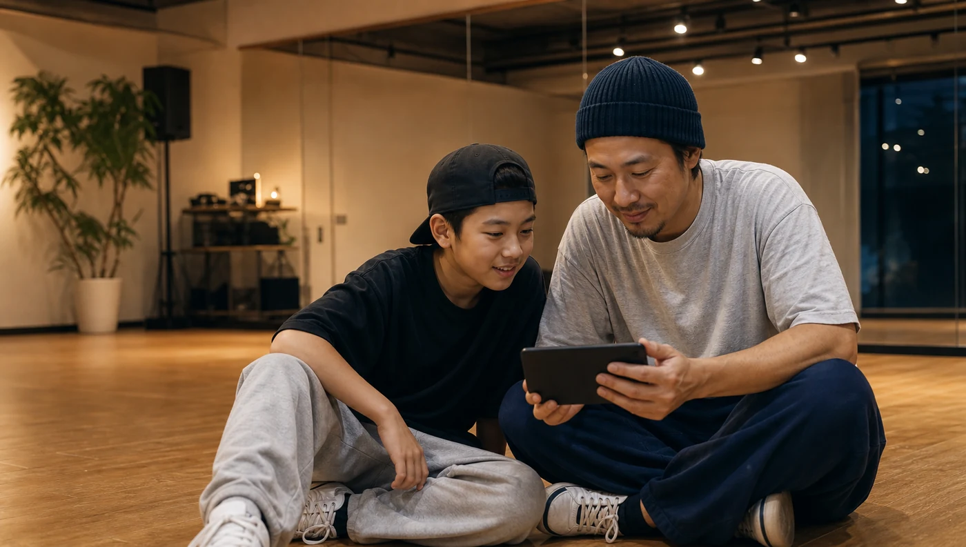 親子でダンス動画を見ながら振り返るスタジオの時間