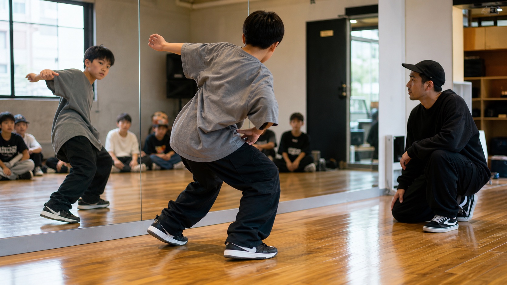 肩と股関節の位置を意識してストリートダンスの動きを練習する子ども