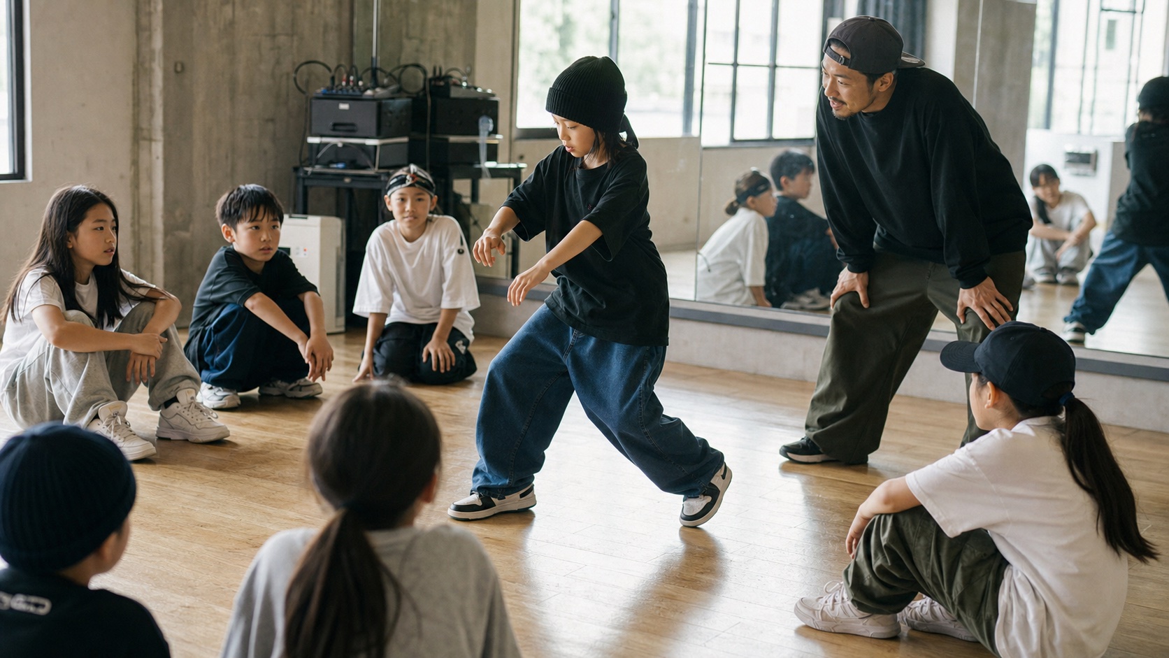 仲間の練習に触れながらストリートダンスを学ぶ子どもたち