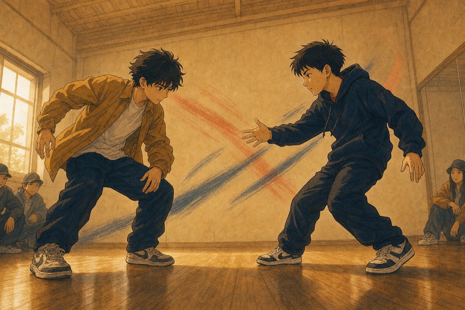 相手の良い流れを認めながら本気で向き合う二人の子どものダンスバトルを描いたイラスト