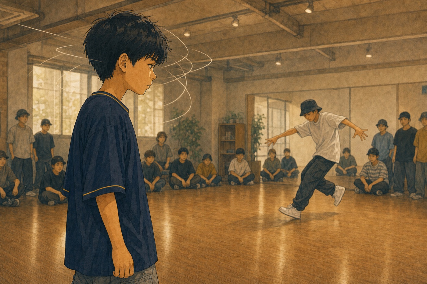相手の踊りを見て自分の動きに迷う子どもを描いたイラスト