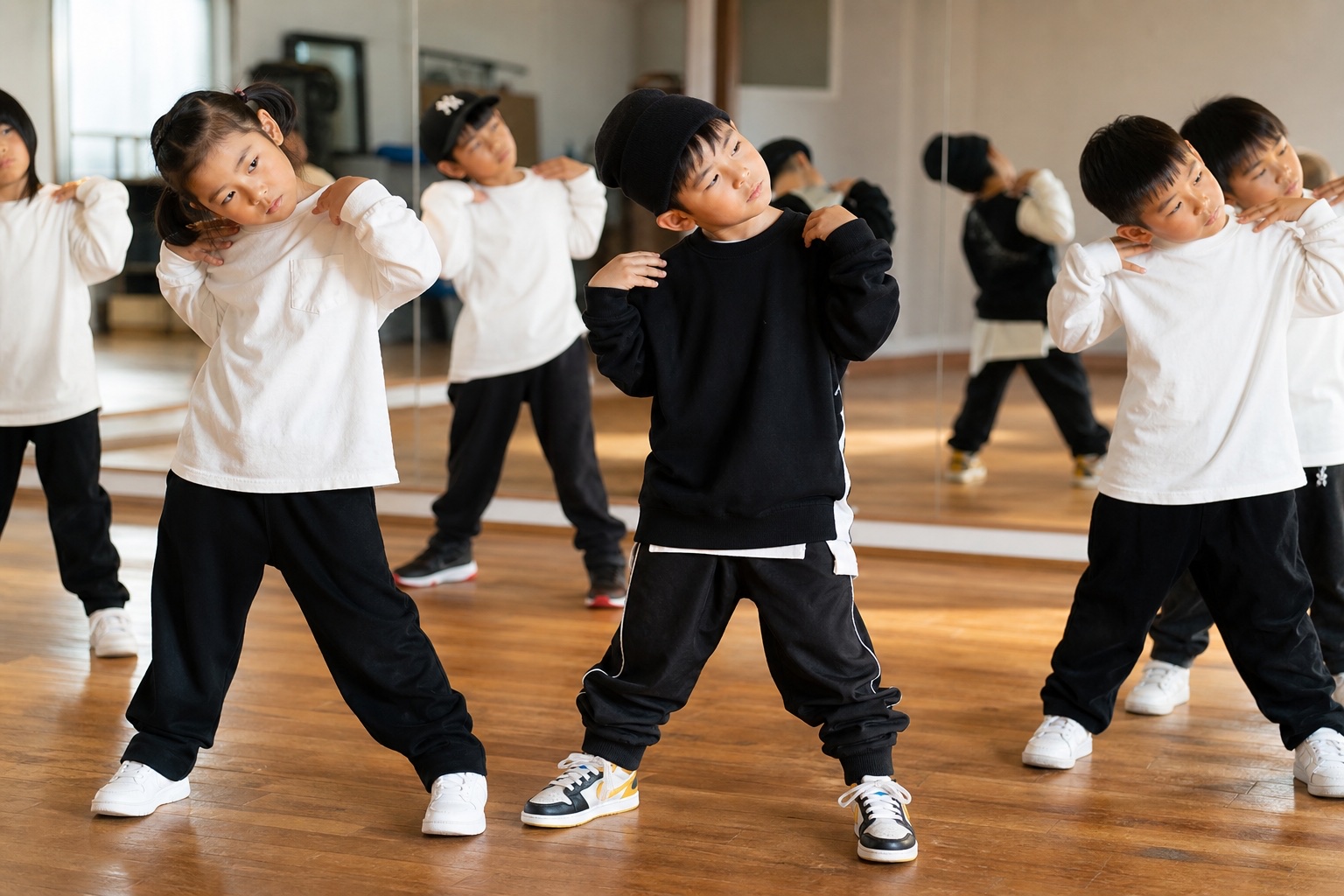 首や肩のアイソレーションを丁寧に練習する子どもたち