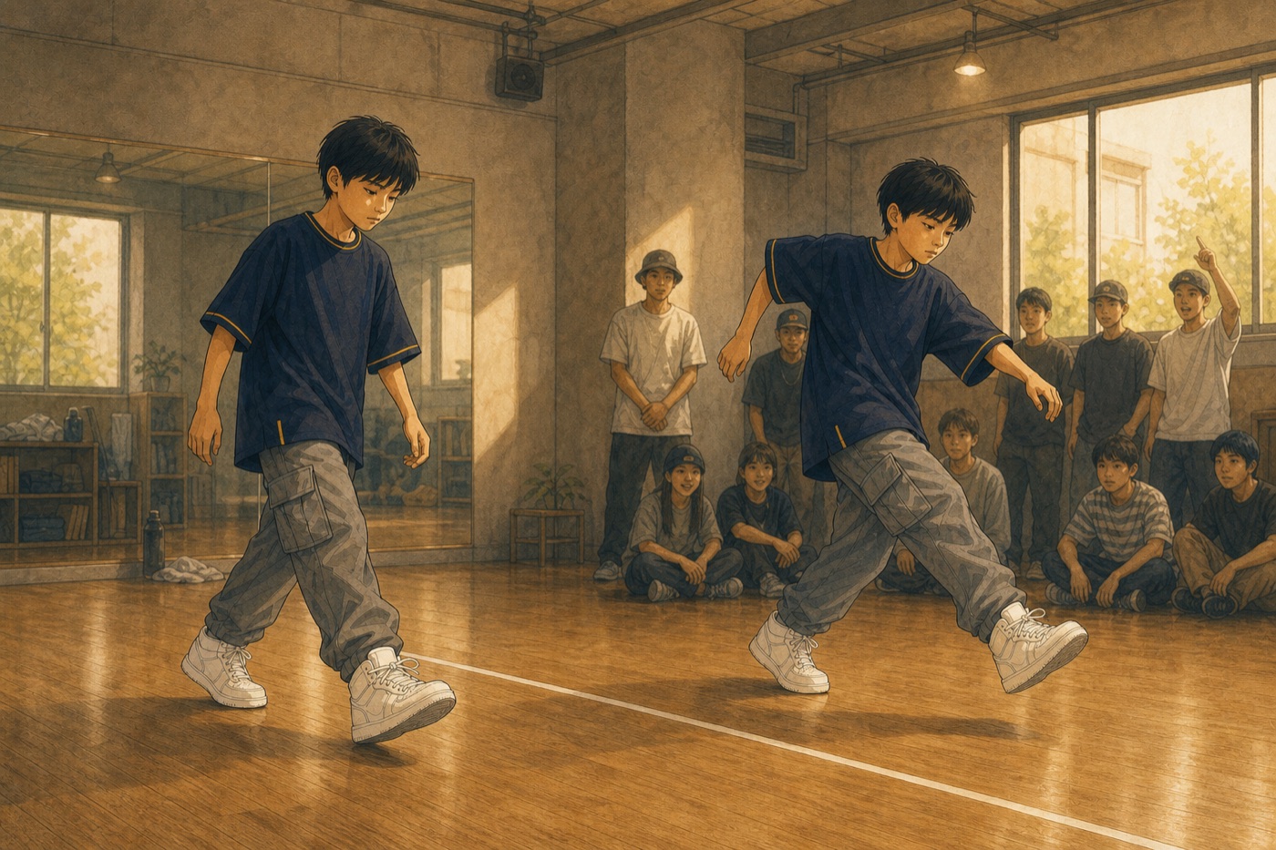普段のダンス練習が本番の一歩につながる様子を描いたイラスト