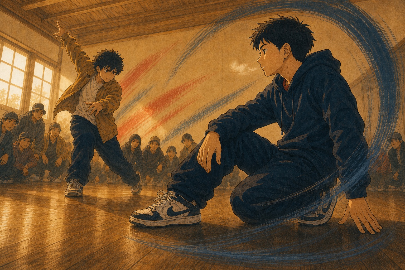 相手の強い視線と会場の熱を受けても自分の呼吸と足元を保つ子どもを描いたイラスト