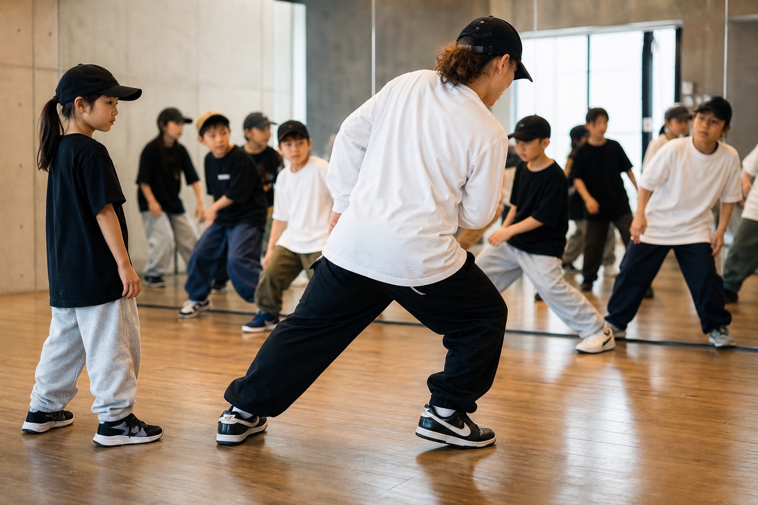 背中の使い方を見て学ぶ子どものストリートダンス練習