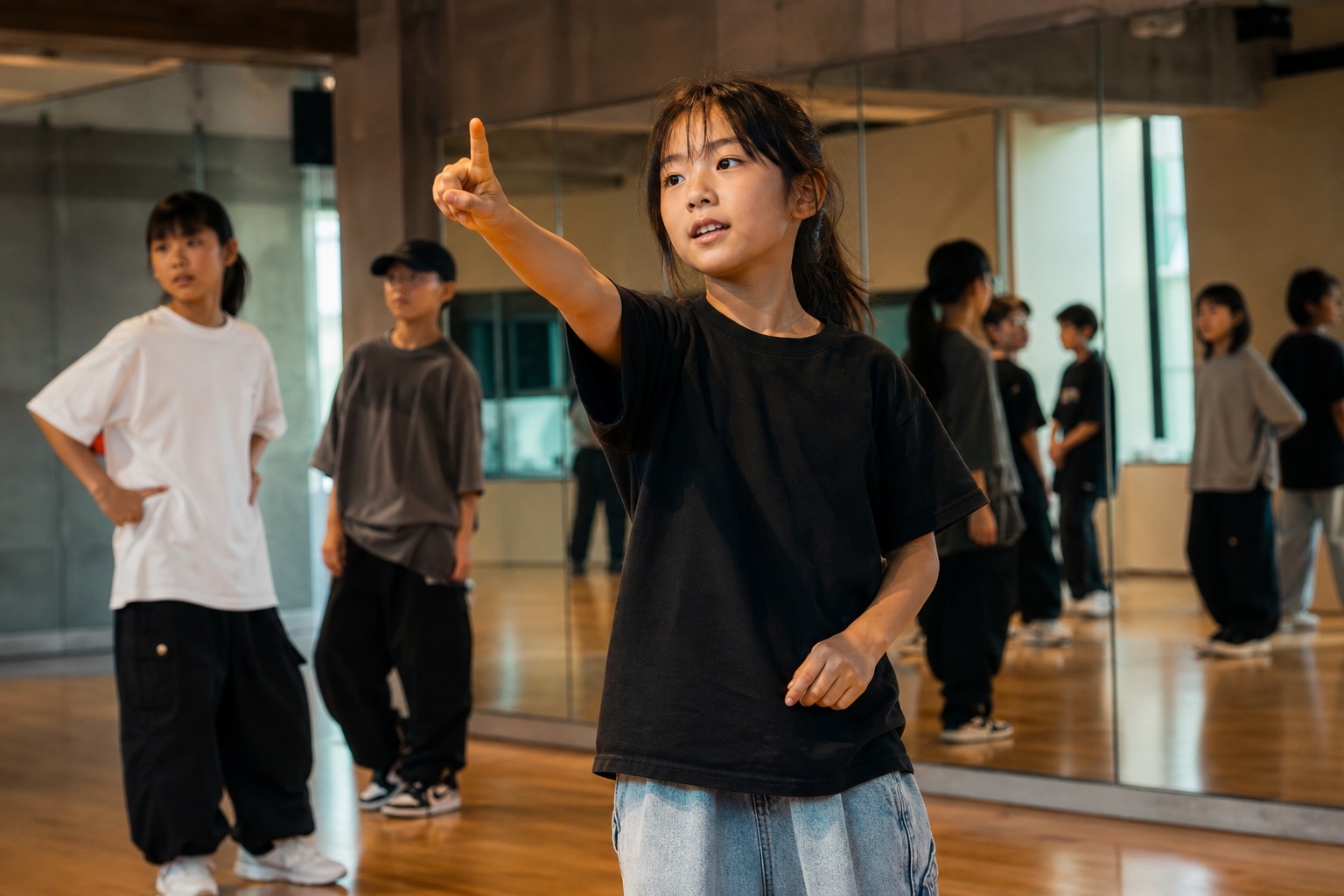 空中に指で動きの軌道を書く子どもダンサー