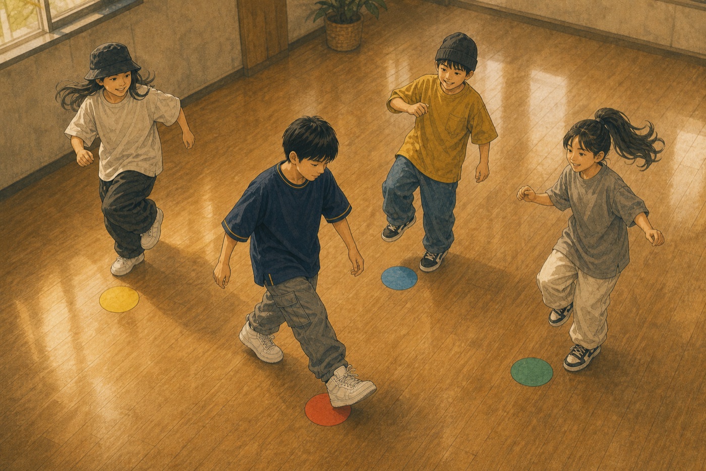 普段のレッスンで音に反応して一歩目を遊ぶ子どもたちを描いたイラスト