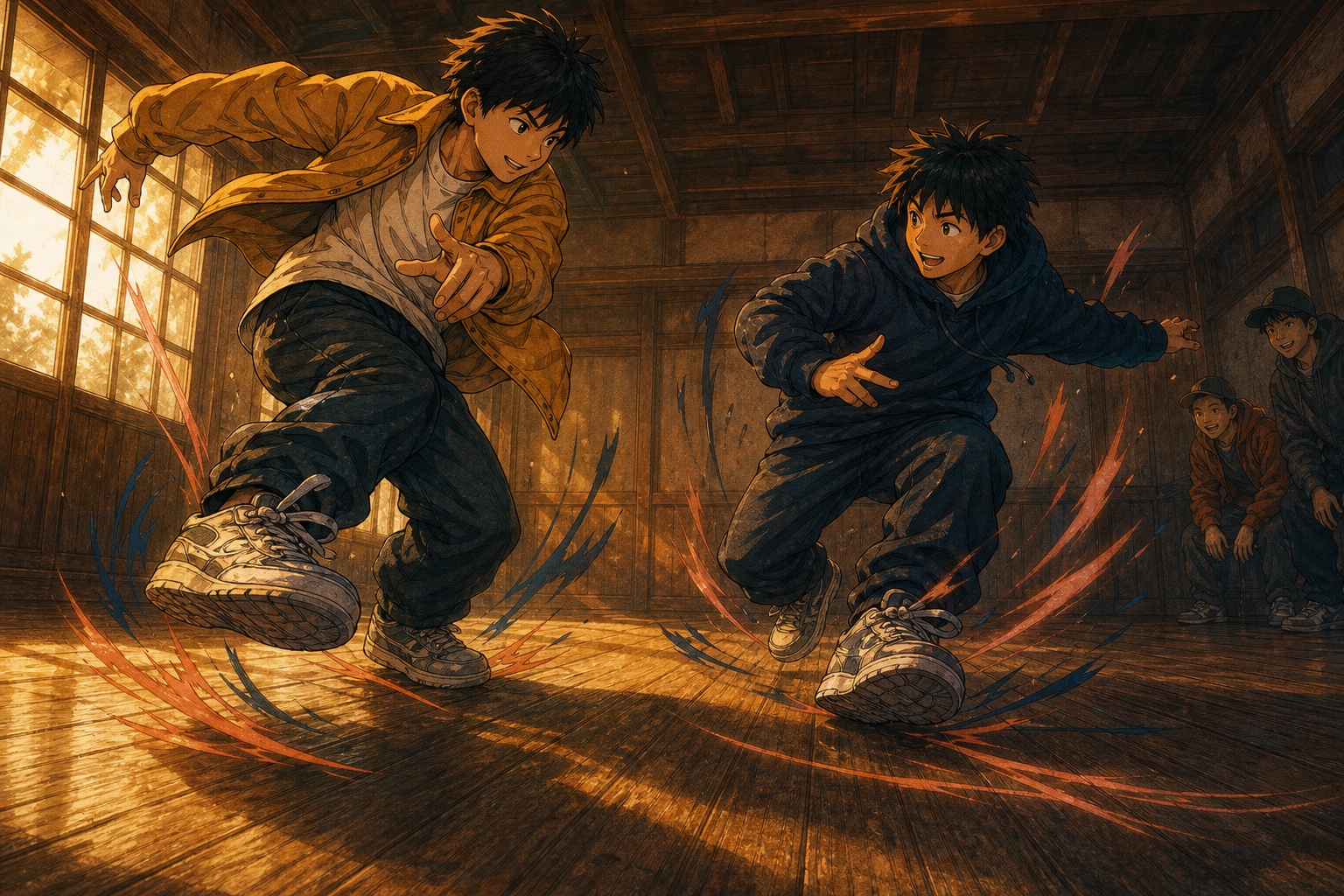 勝ちたい気持ちを持ちながら予想外の動きを笑顔で返し合う子どものダンスバトルを描いたイラスト