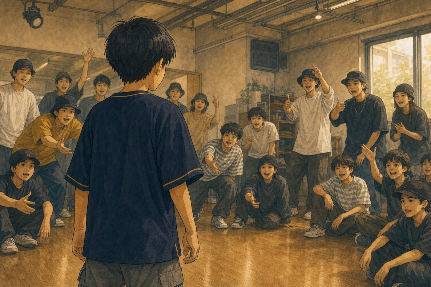 先攻を選んだ子どもへ会場の応援が集まる様子を描いたイラスト