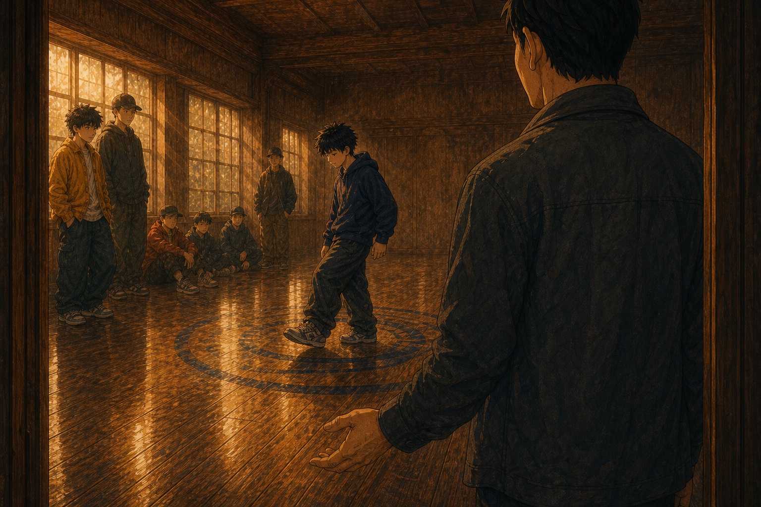 相手に流れが来た後で呼吸と足元を戻す子どもを保護者が静かに見守る様子を描いたイラスト
