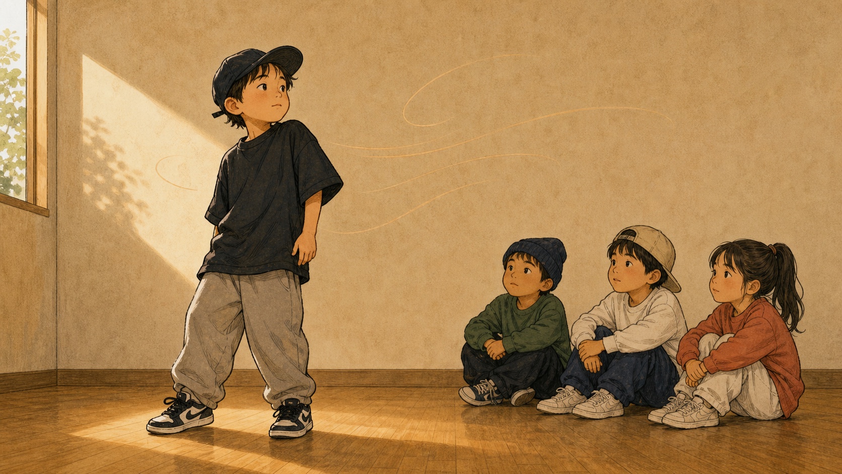 音が止まった後も場に余韻が残る子供のダンスを描いたイラスト