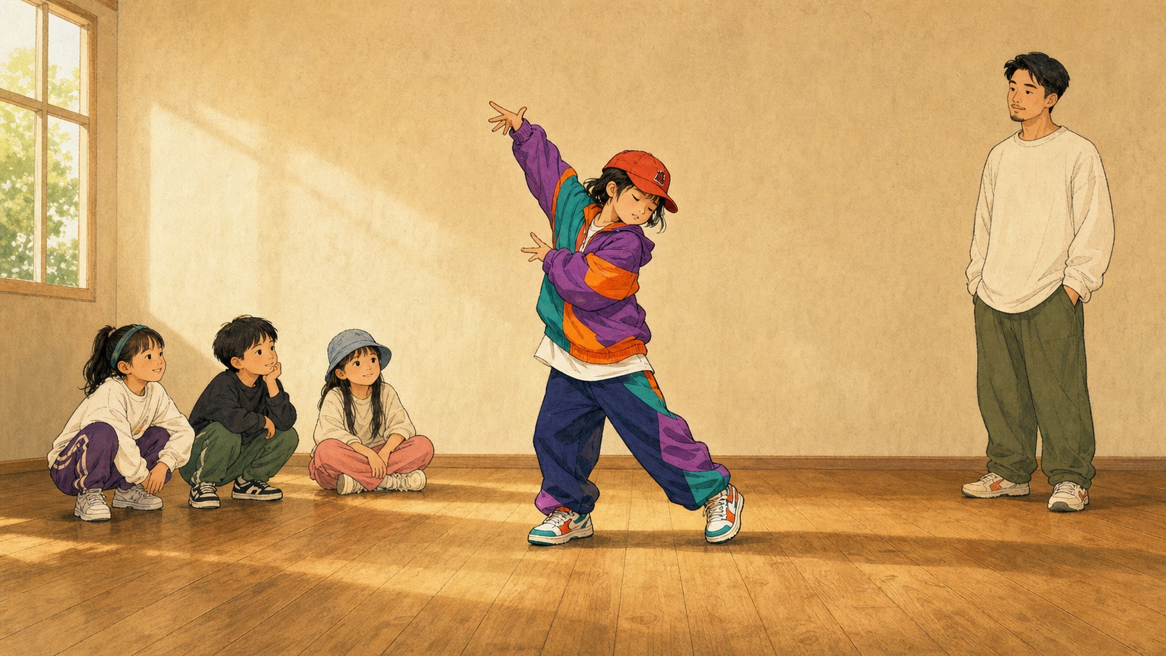 踊り終わった瞬間まで意識を残す子供を描いたキッズダンスのイラスト