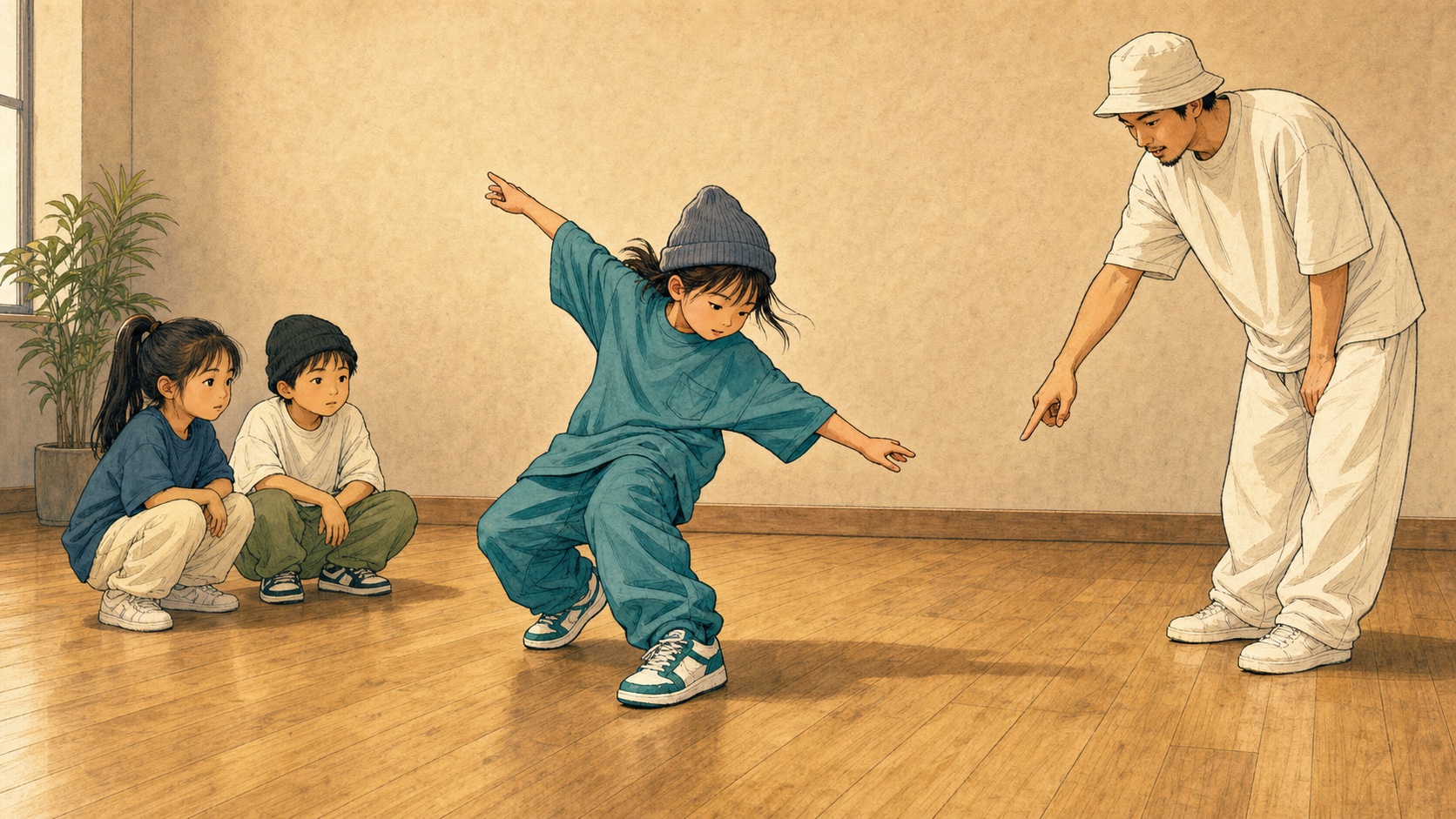 最後の一歩を足裏まで丁寧に置く子供を描いたヒップホップダンスのイラスト