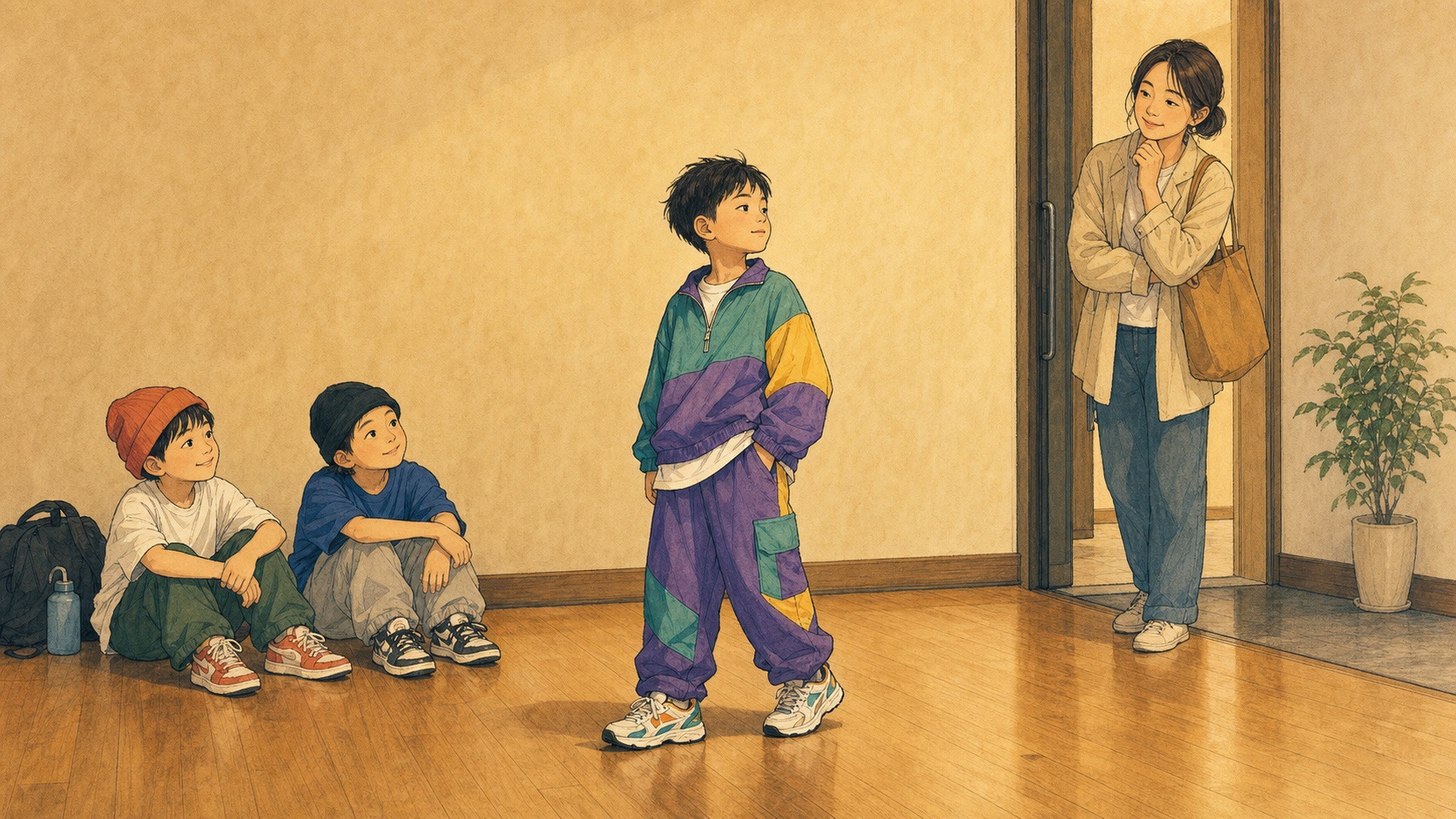 子供が踊り終わった後の立ち姿まで見守る保護者を描いたイラスト