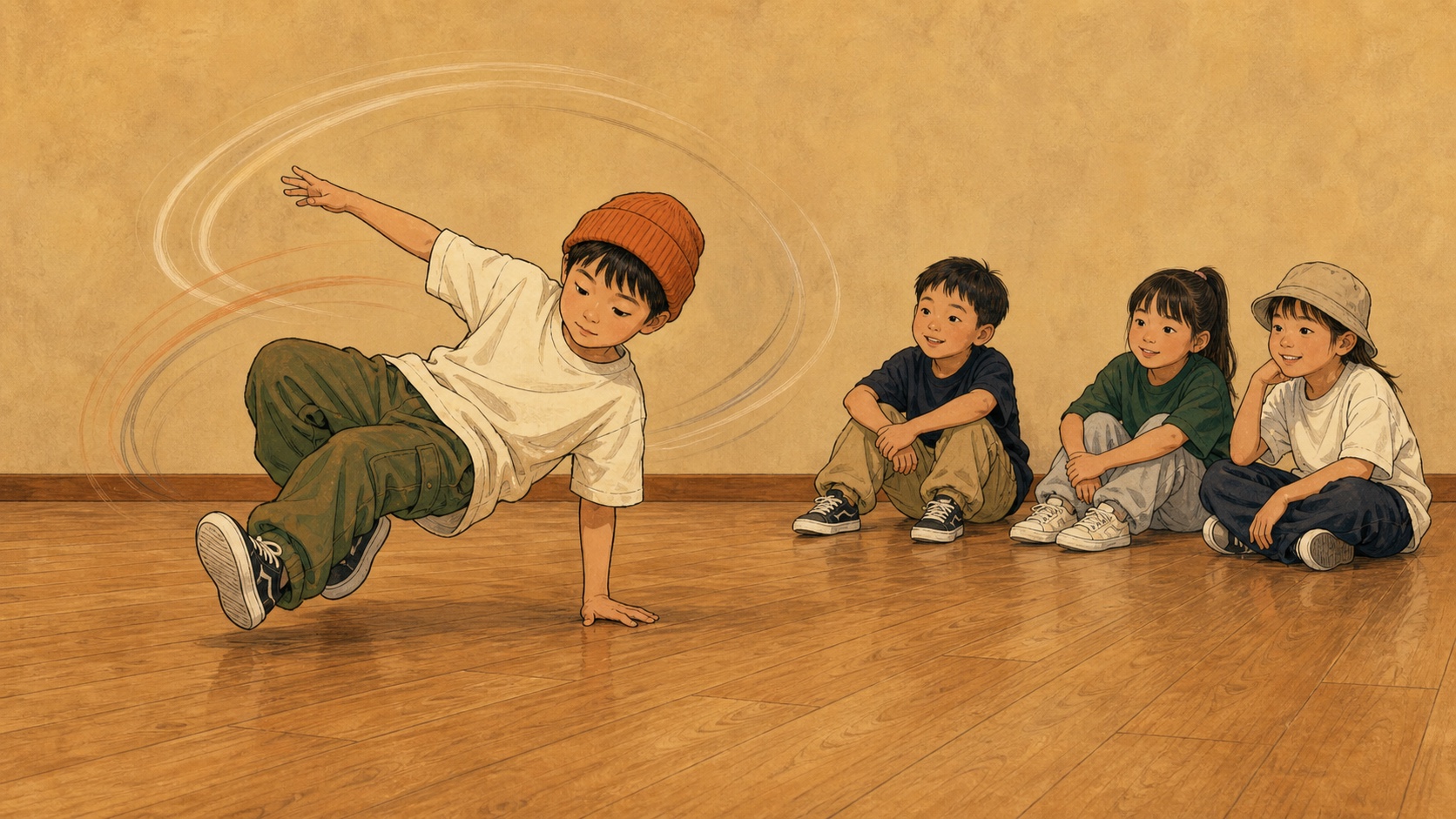 動き続けず一瞬止まって見せる子供を描いたストリートダンスのイラスト