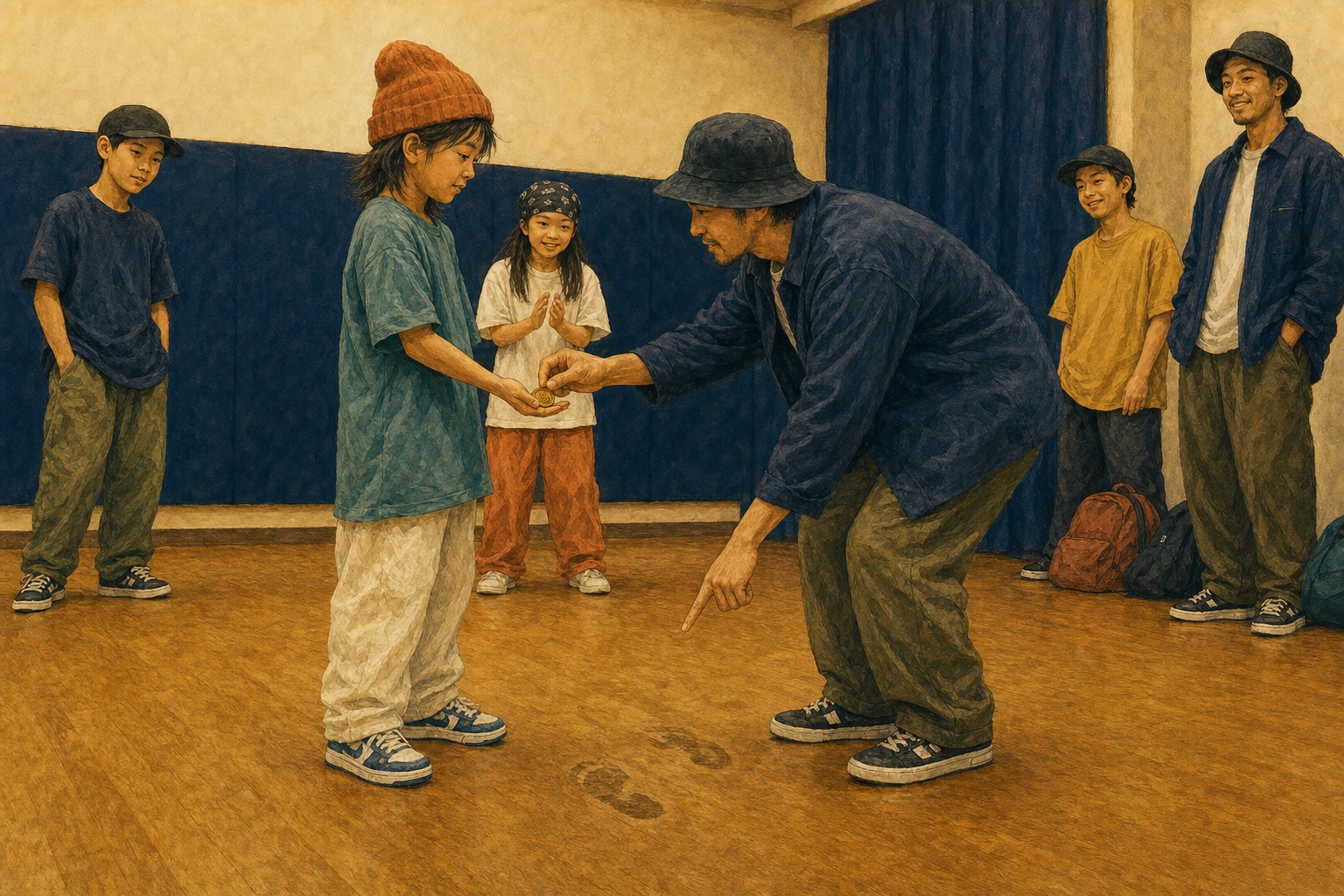 勝った子供の手へ勝利の印を正直に返す大人