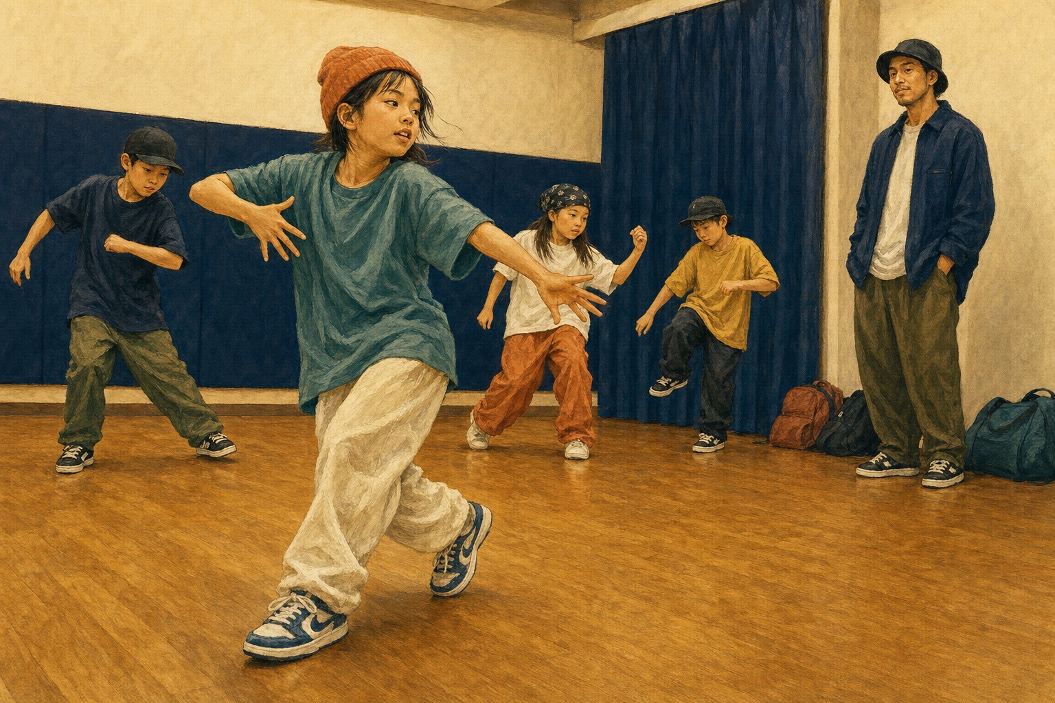 練習スタジオで仲間の正解から離れ自分の即興時間を作る子供
