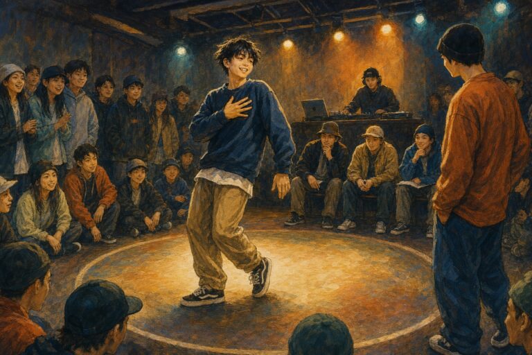 ダンスバトルの円の中心で笑いながら自分の踊りを始める若いダンサー