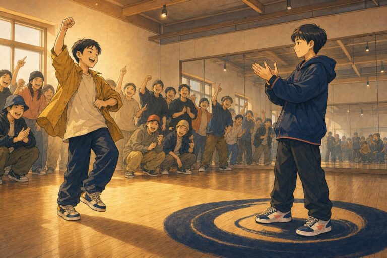 ダンスバトルで相手に集まった幸運な流れを喜びながら自分の足で立つ子どもを描いたイラスト