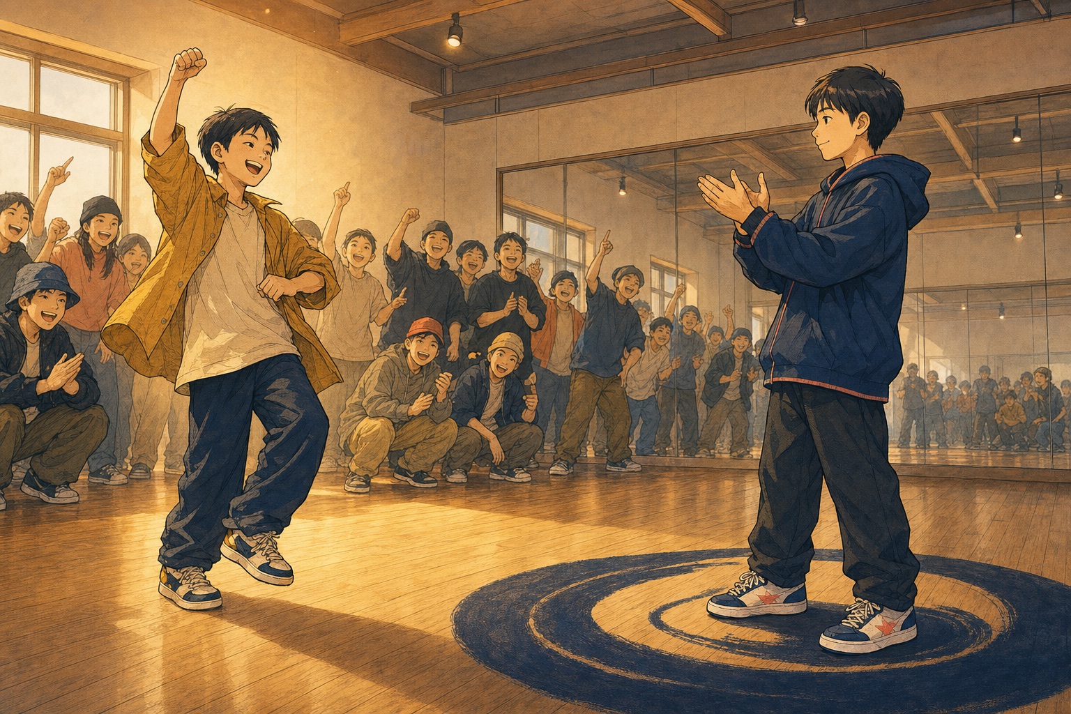 ダンスバトルで相手に集まった幸運な流れを喜びながら自分の足で立つ子どもを描いたイラスト