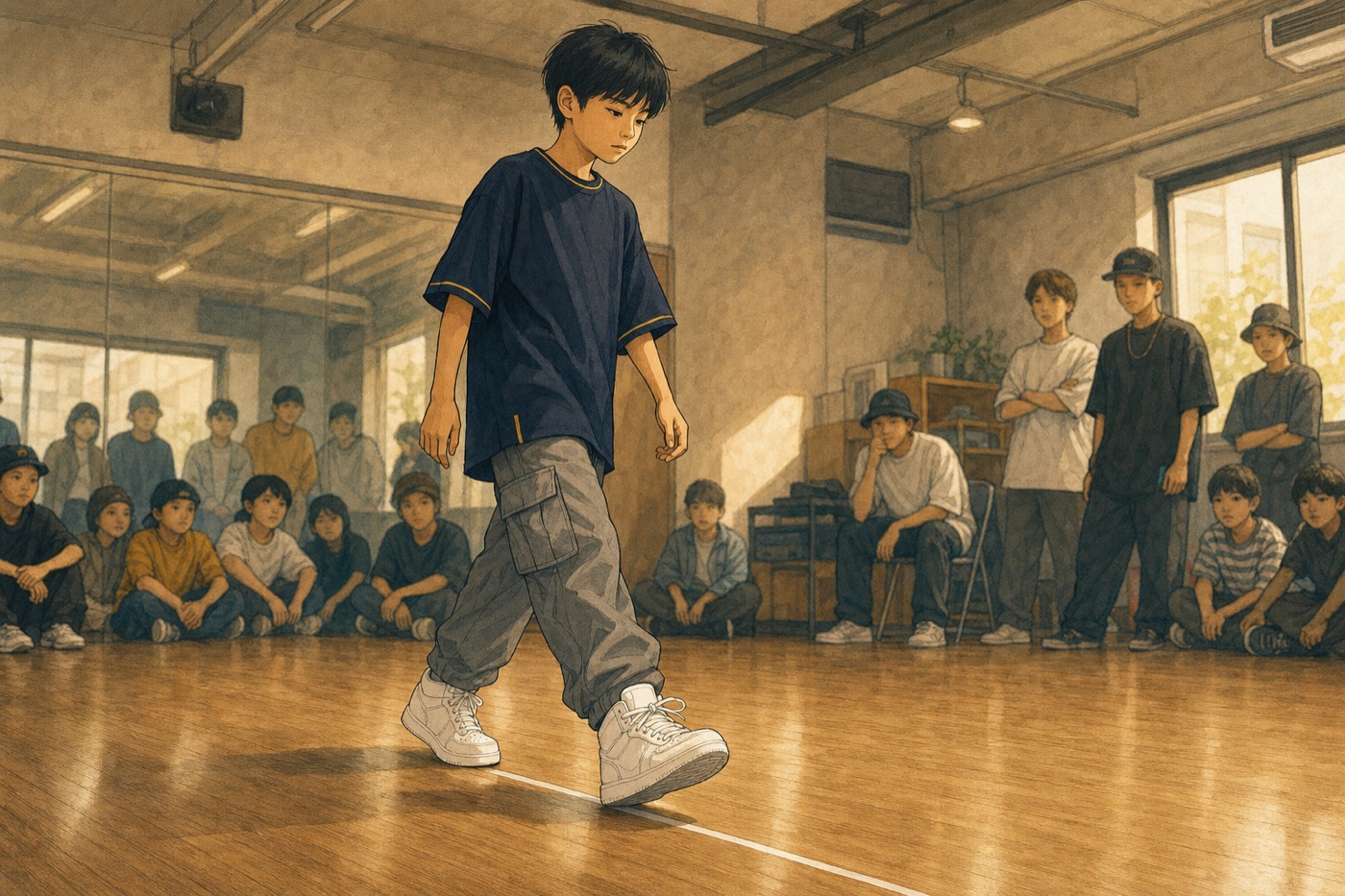 ダンスバトルで先攻を選び一歩前へ出る子どもを描いたイラスト