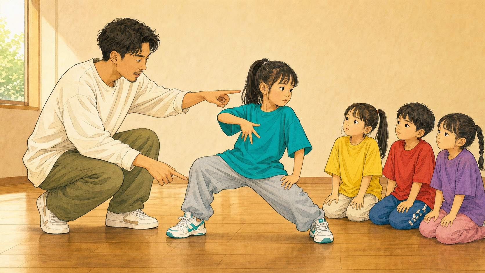 同じ形でも角度や目線で印象が変わることを描いたキッズダンスのイラスト