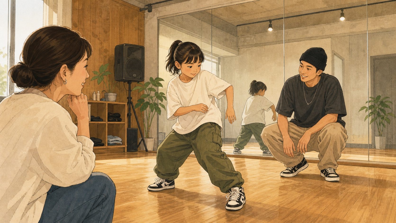 保護者が子供の見え方の変化を見守るキッズダンスのイラスト
