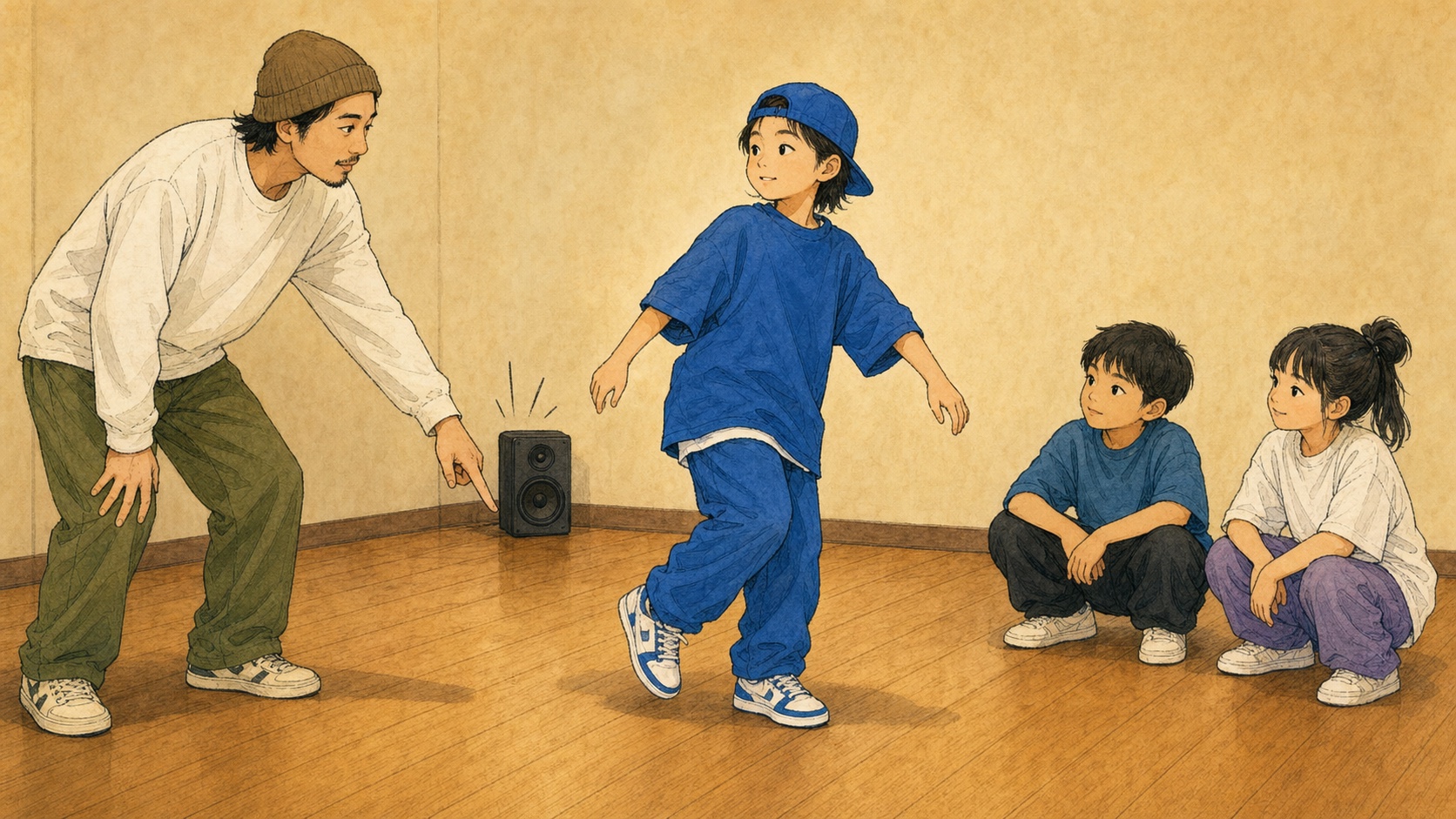 音楽の中で足元と身体全体を感じ直す子供を描いたヒップホップダンスのイラスト