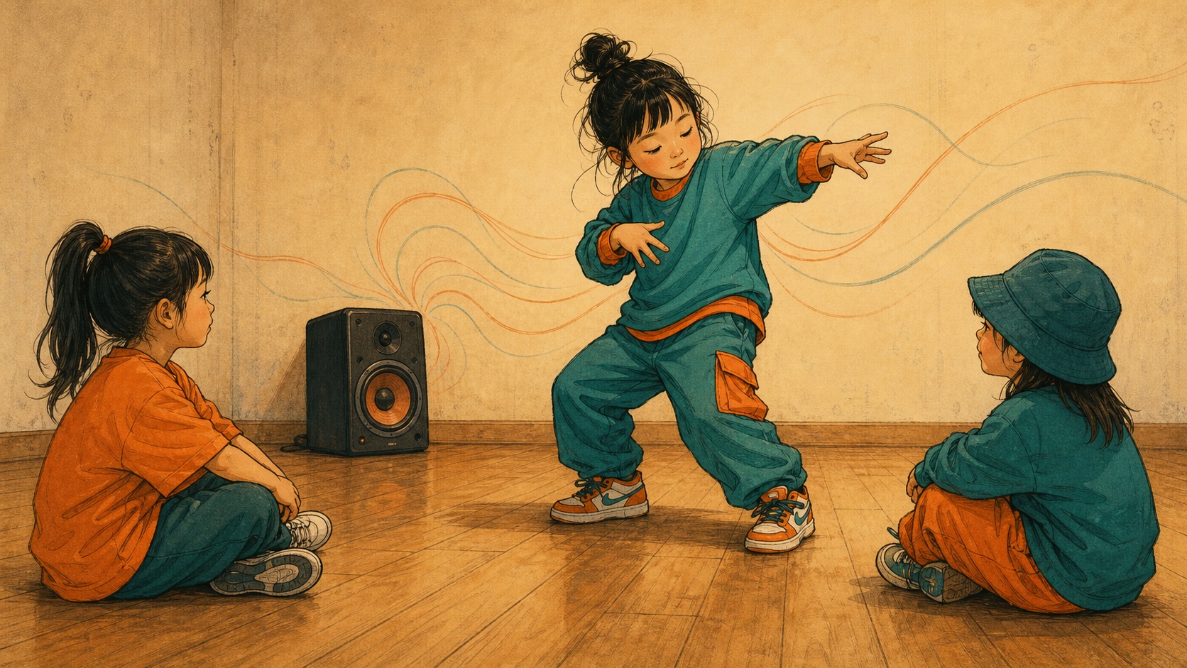 カウントだけでなく音の流れを感じて踊る子供を描いたイラスト