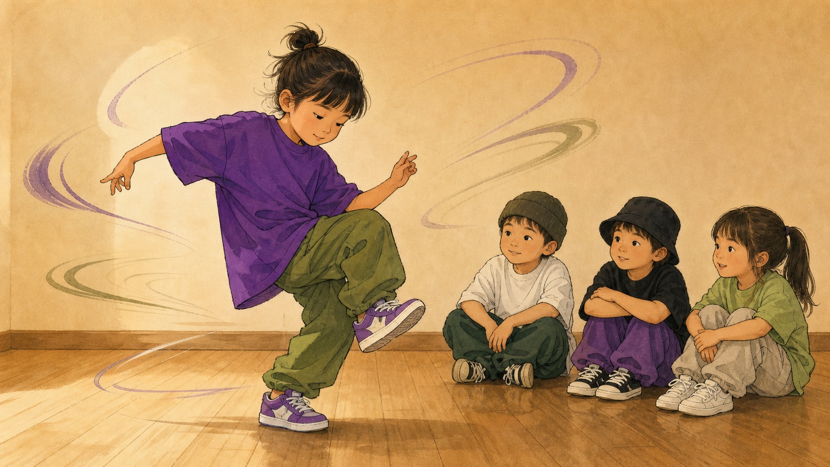 同じステップを音の強弱に合わせて表現する子供を描いたストリートダンスのイラスト