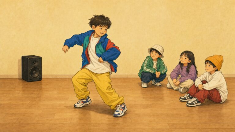 音楽を聞きながら自然に身体を動かす子供を描いたキッズダンスのイラスト