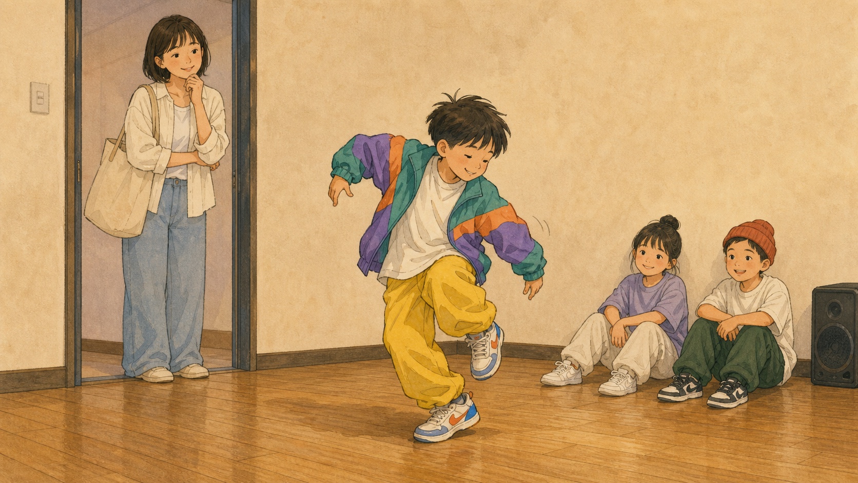 子供の動きと音楽のつながりを見守る保護者を描いたイラスト