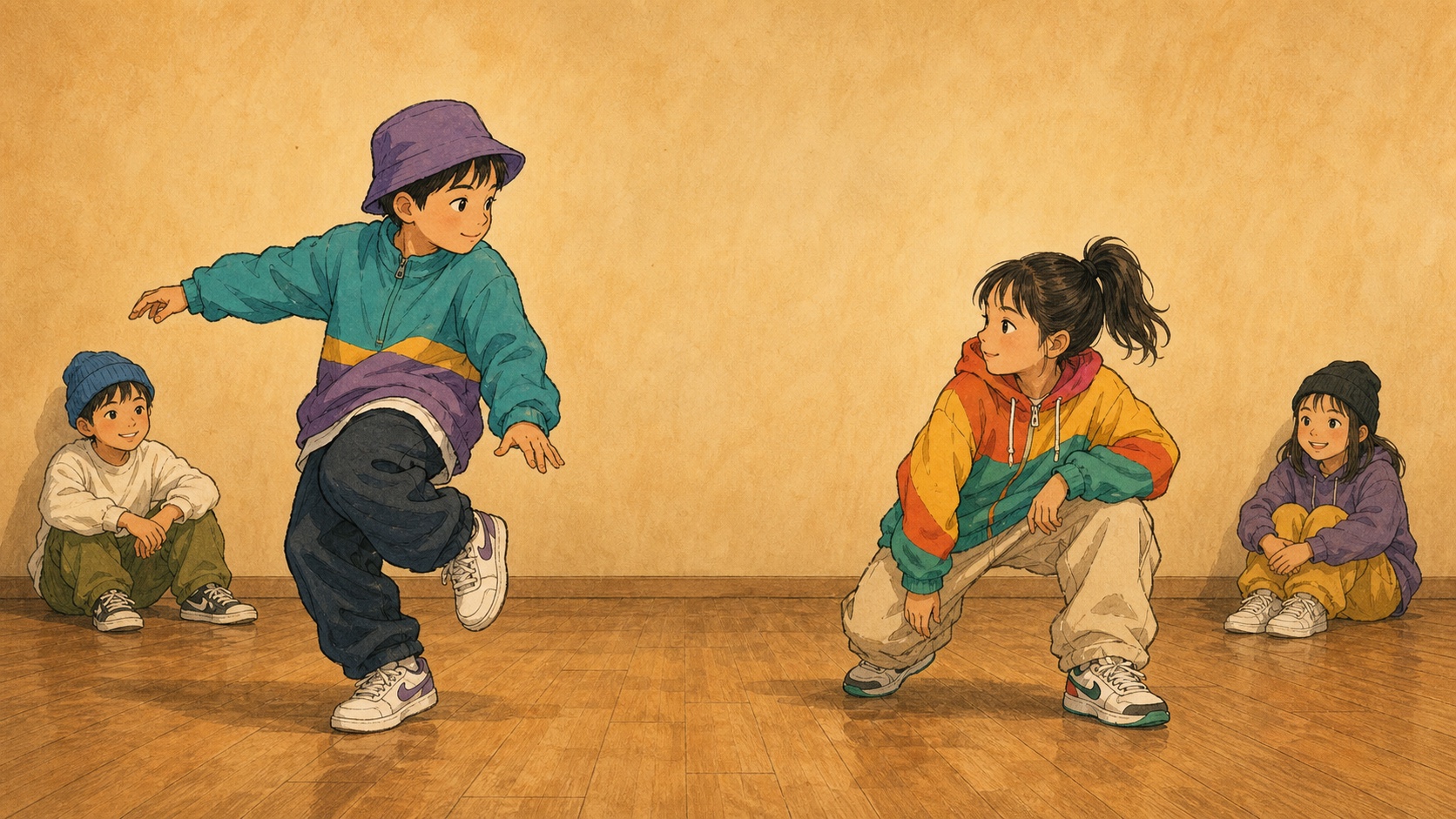一瞬の目線でダンスの会話が生まれる子供たちを描いたイラスト