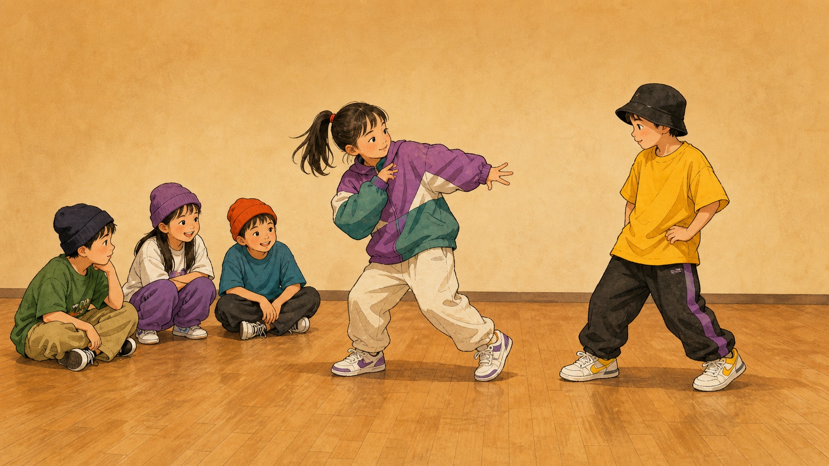 互いを見ながらダンスで向き合う子供たちを描いたキッズダンスバトルのイラスト