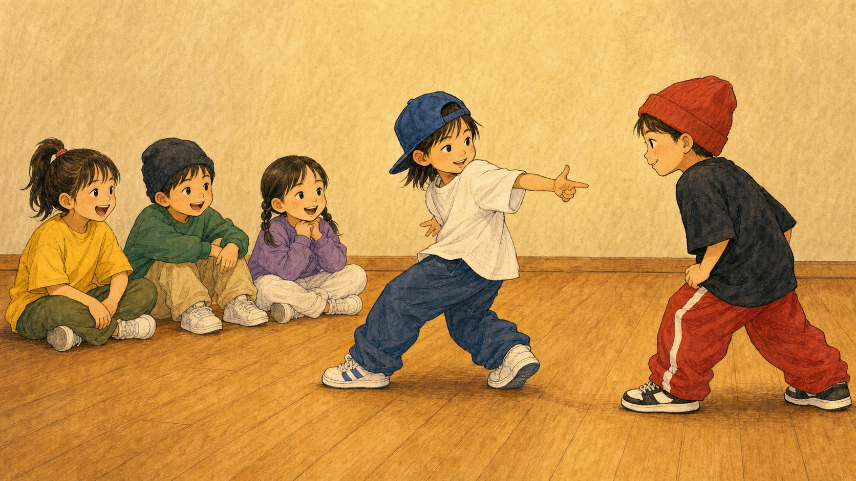 ジャッジだけでなく目の前の相手へ意識を向ける子供を描いたダンスバトルのイラスト