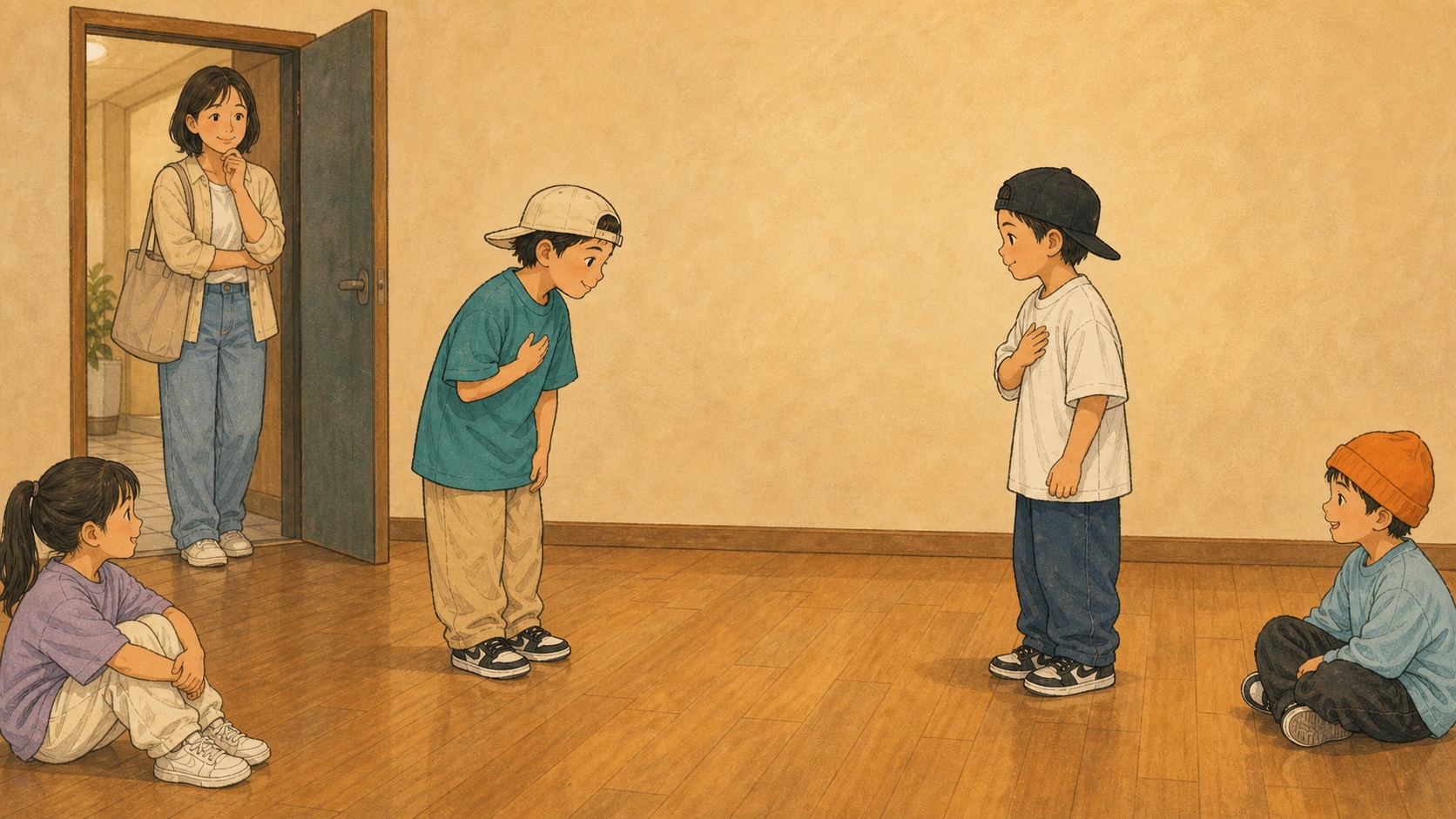 勝敗だけでなく子供同士のダンスのやり取りを見守る保護者を描いたイラスト
