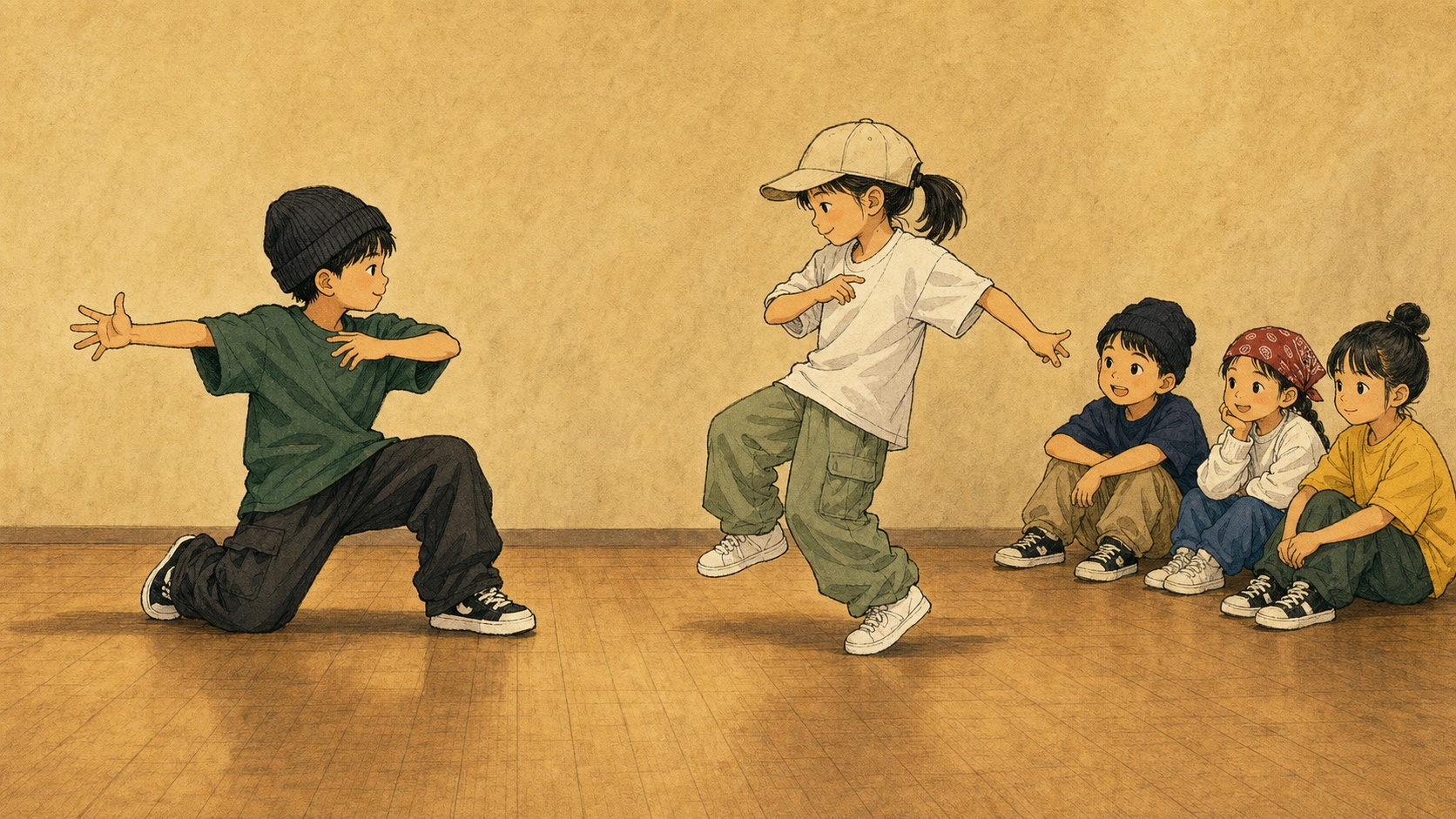 相手の動きを受け取って次の一歩を選ぶ子供を描いたストリートダンスのイラスト